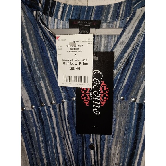 Cocomo Women's Striped Roll Tab Sleeve Pintuck Tunic Blouse Blue Plus Size 1X - Picture 5 of 9